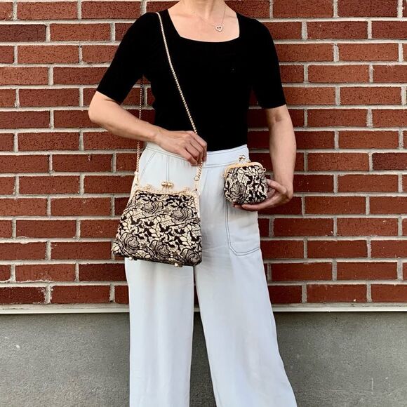 Handmade Real Hair-on-horsehide Black Lace Print Kisslock Bag & Small Purse Set - Picture 10 of 16